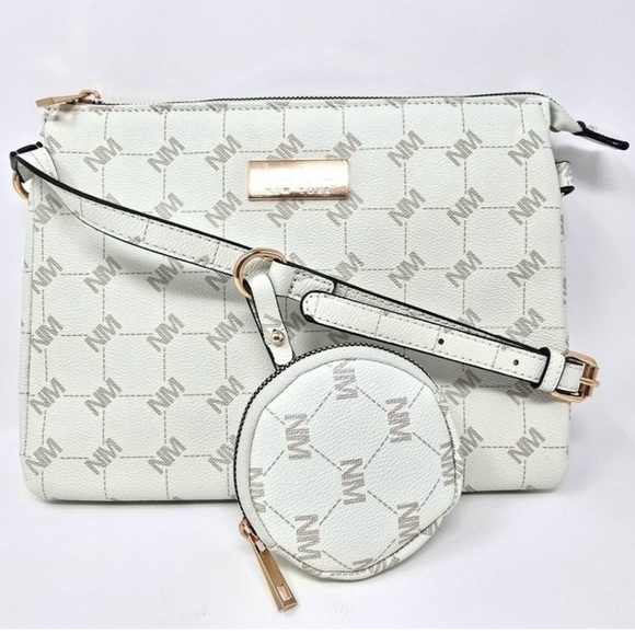 NWT Nicole Miller New York White Crossbody Zip Top Handbag w/ Coin Purse - Picture 1 of 3